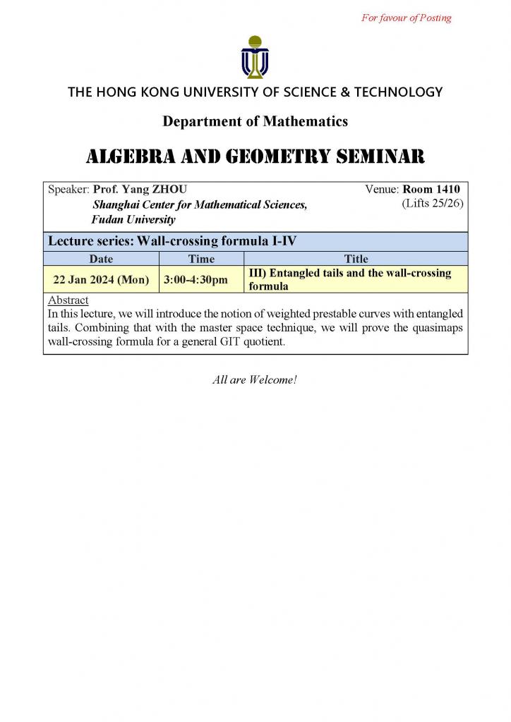 Department of Mathematics Algebra and Geometry Seminar Wall